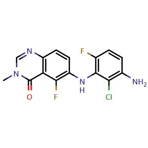 Chemical structure of 6-((3-amino-2-chloro-6-fluorophenyl)amino)-5-fluoro-3-methylquinazolin-4(3H)-one , CAS 2754409-60-2, AChemBlock AD285184