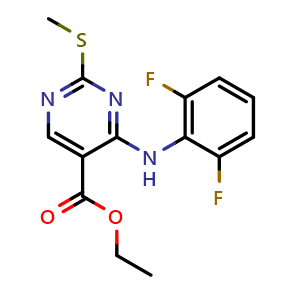 Chemical structure of ethyl 4-((2,6-difluorophenyl)amino)-2-(methylthio)pyrimidine-5-carboxylate , CAS 1001128-49-9, AChemBlock AD285186