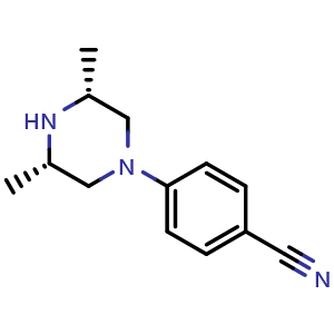 Chemical structure of 4-((3R,5S)-3,5-dimethylpiperazin-1-yl)benzonitrile , CAS 952391-02-5, AChemBlock AD285192