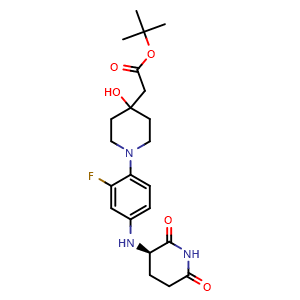 Chemical structure of tert-butyl (R)-2-(1-(4-((2,6-dioxopiperidin-3-yl)amino)-2-fluorophenyl)-4-hydroxypiperidin-4-yl)acetate , CAS 2654824-95-8, AChemBlock AD285204