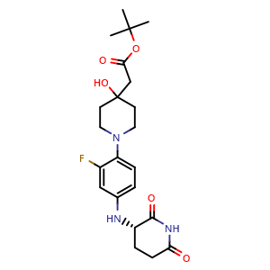 Chemical structure of tert-butyl (S)-2-(1-(4-((2,6-dioxopiperidin-3-yl)amino)-2-fluorophenyl)-4-hydroxypiperidin-4-yl)acetate , CAS 2654824-93-6, AChemBlock AD285205