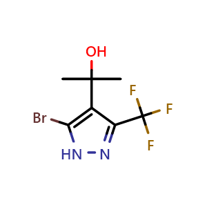 Chemical structure of 2-(5-bromo-3-(trifluoromethyl)-1H-pyrazol-4-yl)propan-2-ol , CAS 2159078-26-7, AChemBlock AD285222