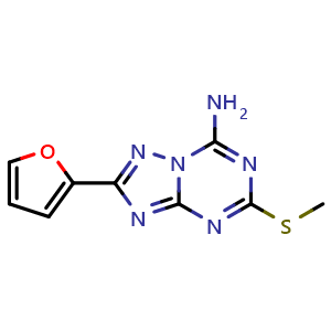 Chemical structure of 2-(Furan-2-yl)-5-(methylthio)-[1,2,4]triazolo[1,5-a][1,3,5]triazin-7-amine , CAS 139181-27-4, AChemBlock AD285230