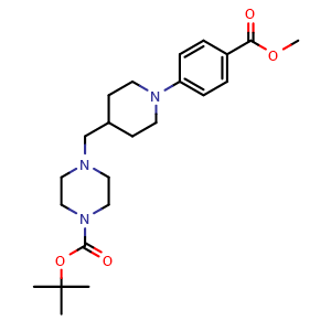 Chemical structure of 1-Piperazinecarboxylic acid, 4-[[1-[4-(methoxycarbonyl)phenyl]-4-piperidinyl]methyl]-, 1,1-dimethylethyl ester , CAS 2748834-34-4, AChemBlock AD285283