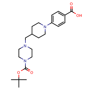 Chemical structure of 4-(4-((4-(tert-butoxycarbonyl)piperazin-1-yl)methyl)piperidin-1-yl)benzoic acid , CAS 2748834-10-6, AChemBlock AD285284