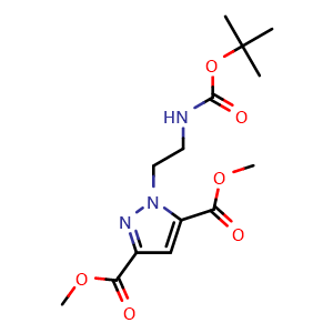 Chemical structure of 1H-Pyrazole-3,5-dicarboxylic acid, 1-[2-[[(1,1-dimethylethoxy)carbonyl]amino]ethyl]-, 3,5-dimethyl ester , CAS 1209492-68-1, AChemBlock AD285301