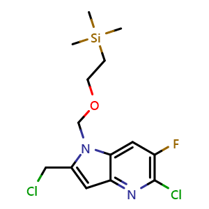 Chemical structure of 5-chloro-2-(chloromethyl)-6-fluoro-1-((2-(trimethylsilyl)ethoxy)methyl)-1H-pyrrolo[3,2-b]pyridine , CAS 2918815-57-1, AChemBlock AD285337