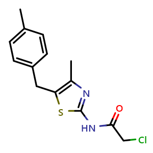 Chemical structure of 2-Chloro-N-(4-methyl-5-(4-methylbenzyl)thiazol-2-yl)acetamide , CAS 1354950-90-5, AChemBlock AD285358