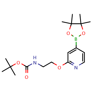 Chemical structure of tert-butyl (2-((4-(4,4,5,5-tetramethyl-1,3,2-dioxaborolan-2-yl)pyridin-2-yl)oxy)ethyl)carbamate , CAS 1346697-27-5, AChemBlock AD285413
