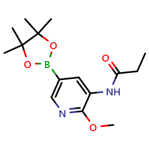 Chemical structure of N-(2-methoxy-5-(4,4,5,5-tetramethyl-1,3,2-dioxaborolan-2-yl)pyridin-3-yl)propionamide , CAS 1425335-61-0, AChemBlock AD285419