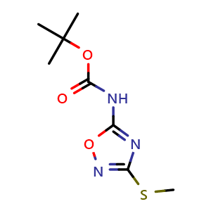 Chemical structure of tert-Butyl 3-(methylthio)-1,2,4-oxadiazol-5-ylcarbamate , CAS 1391766-41-8, AChemBlock AD285449