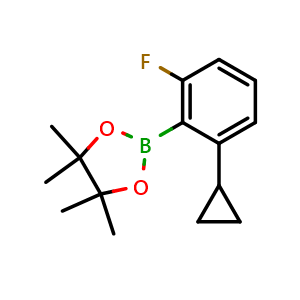 Chemical structure of 2-(2-cyclopropyl-6-fluorophenyl)-4,4,5,5-tetramethyl-1,3,2-dioxaborolane , CAS 2223040-74-0, AChemBlock AD285457