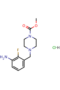 Chemical structure of Methyl 4-(3-amino-2-fluorobenzyl)piperazine-1-carboxylate hydrochloride , CAS 2375274-56-7, AChemBlock AD285473