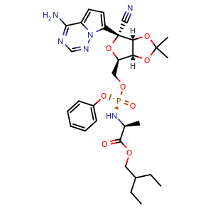 Chemical structure of 2-ethylbutyl ((S)-(((3aR,4R,6R,6aR)-6-(4-aminopyrrolo[2,1-f][1,2,4]triazin-7-yl)-6-cyano-2,2-dimethyltetrahydrofuro[3,4-d][1,3]dioxol-4-yl)methoxy)(phenoxy)phosphoryl)-L-alaninate , CAS 1884576-18-4, AChemBlock AD285476