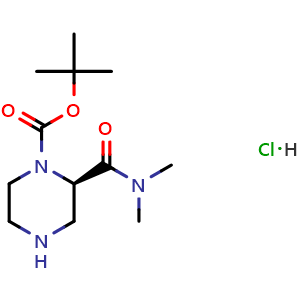 Chemical structure of (R)-tert-Butyl 2-(dimethylcarbamoyl)piperazine-1-carboxylate hydrochloride , CAS 1217825-46-1, AChemBlock AD285493