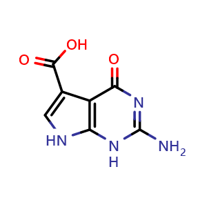 Chemical structure of 2-Amino-4-oxo-4,7-dihydro-1H-pyrrolo[2,3-d]pyrimidine-5-carboxylic acid , CAS 92636-62-9, AChemBlock AD285674