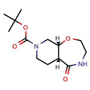 Chemical structure of Cis-tert-Butyl 5-oxooctahydropyrido[4,3-f][1,4]oxazepine-8(2H)-carboxylate , CAS 1445951-28-9, AChemBlock AD285696