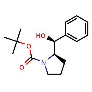 Chemical structure of (R)-tert-Butyl 2-((S)-hydroxy(phenyl)methyl)pyrrolidine-1-carboxylate , CAS 1147426-64-9, AChemBlock AD285697