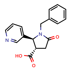Chemical structure of trans-1-Benzyl-5-oxo-2-(pyridin-3-yl)pyrrolidine-3-carboxylic acid , CAS 71718-89-3, AChemBlock AD285736
