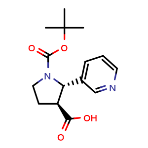 Chemical structure of trans-1-(tert-Butoxycarbonyl)-2-(pyridin-3-yl)pyrrolidine-3-carboxylic acid , CAS 2177258-70-5, AChemBlock AD285747