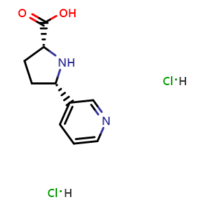Chemical structure of (2R,5S)-5-(pyridin-3-yl)pyrrolidine-2-carboxylic acid dihydrochloride , CAS 1239469-75-0, AChemBlock AD285757