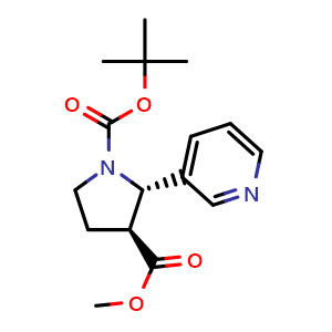 Chemical structure of trans-1-tert-Butyl 3-methyl 2-(pyridin-3-yl)pyrrolidine-1,3-dicarboxylate , CAS 2177263-20-4, AChemBlock AD285763