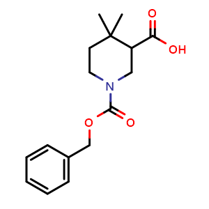 Chemical structure of 1-(Benzyloxycarbonyl)-4,4-dimethylpiperidine-3-carboxylic acid , CAS 2248325-52-0, AChemBlock AD285770