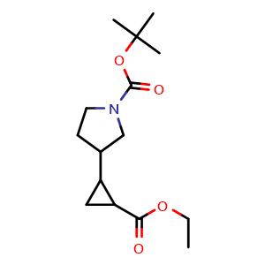Chemical structure of tert-Butyl 3-(2-(ethoxycarbonyl)cyclopropyl)pyrrolidine-1-carboxylate , CAS 1824022-54-9, AChemBlock AD285777