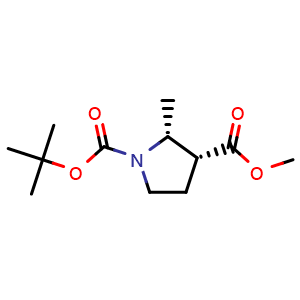 Chemical structure of (2R,3R)-1-tert-Butyl 3-methyl 2-methylpyrrolidine-1,3-dicarboxylate , CAS 2259662-47-8, AChemBlock AD285782