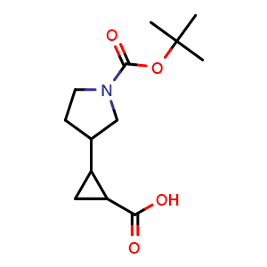 Chemical structure of 2-(1-(tert-Butoxycarbonyl)pyrrolidin-3-yl)cyclopropanecarboxylic acid , CAS 1785513-59-8, AChemBlock AD285785
