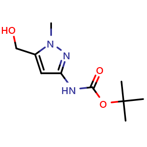 Chemical structure of tert-Butyl 5-(hydroxymethyl)-1-methyl-1H-pyrazol-3-ylcarbamate , CAS 2297973-62-5, AChemBlock AD285799