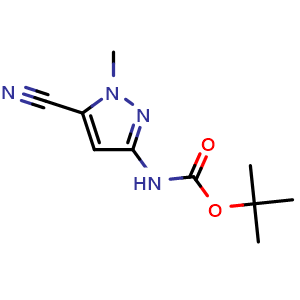 Chemical structure of tert-Butyl (5-cyano-1-methyl-1H-pyrazol-3-yl)carbamate , CAS 1692905-92-2, AChemBlock AD285804