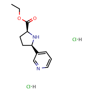 Chemical structure of Cis-ethyl 5-(pyridin-3-yl)pyrrolidine-2-carboxylate dihydrochloride , AChemBlock AD285811