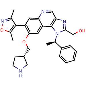Chemical structure of (7-(3,5-dimethylisoxazol-4-yl)-1-((R)-1-phenylethyl)-8-(((S)-pyrrolidin-3-yl)methoxy)-1H-imidazo[4,5-c]quinolin-2-yl)methanol , AChemBlock AD285812