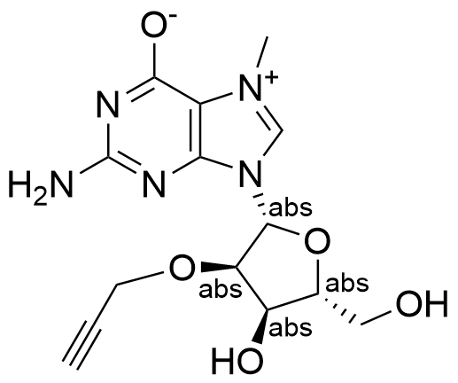Chemical structure of 2-amino-9-((2R,3R,4R,5R)-4-hydroxy-5-(hydroxymethyl)-3-(prop-2-yn-1-yloxy)tetrahydrofuran-2-yl)-7-methyl-9H-purin-7-ium-6-olate , AChemBlock AD285816