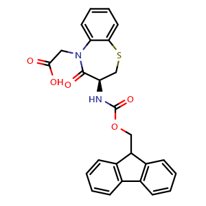Chemical structure of 2-[(3S)-3-({[(9H-fluoren-9-yl)methoxy]carbonyl}amino)-4-oxo-2,3,4,5-tetrahydro-1,5-benzoxazepin-5-yl]acetic acid , CAS 1258536-47-8, AChemBlock AD285870