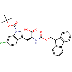 Chemical structure of (S)-2-((((9H-fluoren-9-yl)methoxy)carbonyl)amino)-3-(1-(tert-butoxycarbonyl)-6-chloro-1H-indol-3-yl)propanoic acid , CAS 1359748-23-4, AChemBlock AD285899