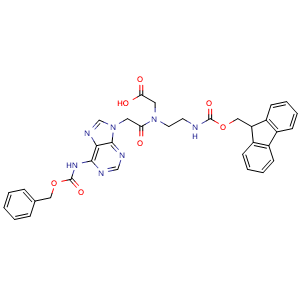 Chemical structure of N-(2-((((9H-fluoren-9-yl)methoxy)carbonyl)amino)ethyl)-N-(2-(6-(((benzyloxy)carbonyl)amino)-9H-purin-9-yl)acetyl)glycine , CAS 169396-98-9, AChemBlock AD285940