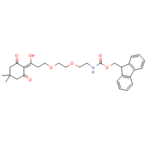 Chemical structure of (9H-Fluoren-9-yl)methyl (2-(2-(3-(4,4-dimethyl-2,6-dioxocyclohexylidene)-3-hydroxypropoxy)ethoxy)ethyl)carbamate , CAS 1988771-96-5, AChemBlock AD285960
