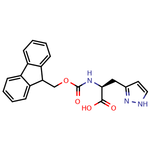 Chemical structure of (2S)-Fmoc-amino-3-(1H-pyrazol-3-yl)propanoic acid , CAS 2349784-32-1, AChemBlock AD286029