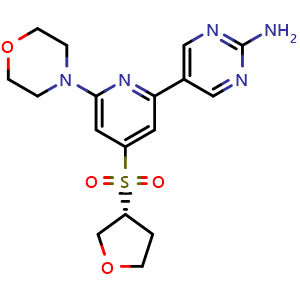 Chemical structure of (R)-5-(6-morpholino-4-((tetrahydrofuran-3-yl)sulfonyl)pyridin-2-yl)pyrimidin-2-amine , CAS 2378810-93-4, AChemBlock AD286050