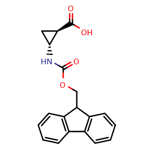 Chemical structure of (1R,2R)-2-(9H-Fluoren-9-ylmethoxycarbonylamino)-cyclopropanecarboxylic acid , CAS 2381317-12-8, AChemBlock AD286054