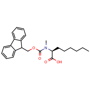 Chemical structure of (S)-2-((((9H-fluoren-9-yl)methoxy)carbonyl)(methyl)amino)octanoic acid , CAS 2389078-28-6, AChemBlock AD286058