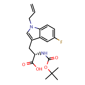 Chemical structure of (S)-3-(1-allyl-5-fluoro-1H-indol-3-yl)-2-((tert-butoxycarbonyl)amino)propanoic acid , CAS 2407463-91-4, AChemBlock AD286059
