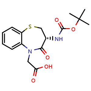 Chemical structure of (R)-2-(3-((tert-Butoxycarbonyl)amino)-4-oxo-3,4-dihydrobenzo[b][1,4]thiazepin-5(2H)-yl)acetic acid , CAS 250349-14-5, AChemBlock AD286065
