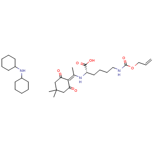 Chemical structure of N-alpha-(4,4-DiMethyl-2,6-dioxocyclohex-1-ylidene)ethyl-N-epsilon-allyloxycarbonyl-L-lysine , CAS 264230-73-1, AChemBlock AD286072