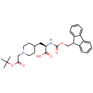 Chemical structure of (R)-1-[2-(tert-Butoxy)-2-oxoethyl]-a-(Fmoc-amino)-4-piperidinepropanoic acid , CAS 2973753-15-8, AChemBlock AD286103
