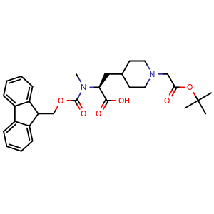 Chemical structure of (S)-2-((((9H-fluoren-9-yl)methoxy)carbonyl)(methyl)amino)-3-(1-(2-(tert-butoxy)-2-oxoethyl)piperidin-4-yl)propanoic acid , CAS 2973753-45-4, AChemBlock AD286104