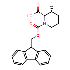 Chemical structure of (2R,3R)-1-(((9H-fluoren-9-yl)methoxy)carbonyl)-3-fluoropiperidine-2-carboxylic acid , CAS 3022922-69-3, AChemBlock AD286125