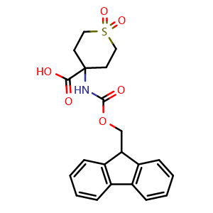 Chemical structure of 1,1-Dioxo-4-(Fmoc-amino)tetrahydrothiopyran-4-COOH , CAS 369402-96-0, AChemBlock AD286163